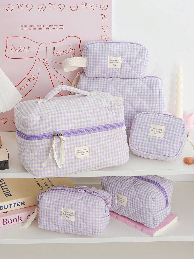 1Pc/Set Purple Gingham Women's Make Up Bag Travel Toiletry Bag, Large Capacity Cosmetic Bag Pouch Handheld Makeup Bag Portable Toiletry Washing Bag Skincare Bag With Zipper Closure For Cosmetics,Brushes,Skincare,Lip Oil,Hand Cream,Sationery,Coin,Small Items,Make Up Case Makeup Pouch Cosmetic Organizer,Home Decor Livingroom Decor,Travel Essentials,Birthday Gift Wedding Bridesmaid Gift - Blueberry Lattice - View 1