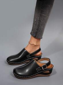 European And American Style Wedge Slide Sandals For Women, Backstrap Buckle Slip-On Casual Shoes, Versatile Commuting Matte Leather Footwear - Black Leather - View 4