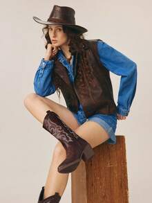 Women's Western Cowboy Boots Europe And The United States New Western Style Traditional Embroidery Pointed Thick Heel Slim Boots Soles Non-Slip Wear-Resistant Not Tired Feet Suitable For Daily Festivals To Wear Ranch Culture, Rodeo Party Culture And Street Fashion To Wear. - Dark Brown - View 4