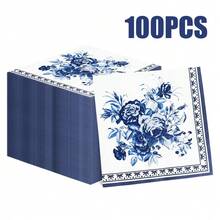 100/60/20pcs 13 * 13 Inch Disposable Blue Flower Patterned Napkins, Used For Various Occasions Such As Weddings, Christmas, Valentine's Day, Holiday Parties, Cafes, Friend Gatherings, Outdoor Picnics, Restaurants, Etc, - View 3