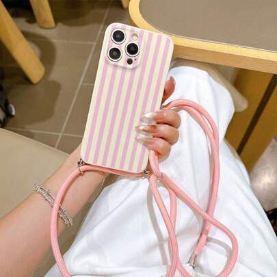 Convenient Lanyard Phone Case With Adjustable Lanyard And Shoulder Strap, Vibrant Pink Vertical Striped, Lightweight Shockproof TPU Protective Phone Case For Apple Phones