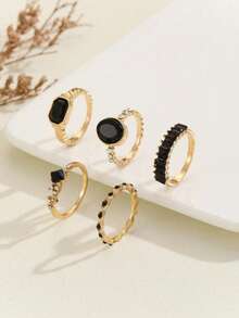 5pcs Set Fashionable Exquisite Luxury Versatile Casual Elegant Rhinestone Black Gemstone Gold Alloy Rings, Suitable For Girlfriend, Wedding Engagement - Multicolor - View 2