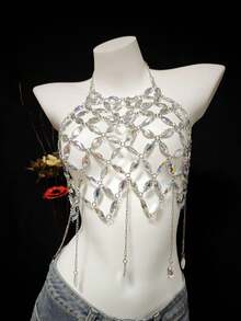 2026 New Sexy Lingerie Accessories, Handmade Spaghetti Strap Bralette, Fishnet Sequins Beaded Bodychains, Suitable For Party, Nightclub, Hotel, Carnival, Beach, Holiday - Silver - View 8