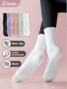 2 Pairs Women's Colorful Striped High Waist Non-Slip Rubber Sole Socks, Breathable Knit Fabric, Unisex Design Suitable For Casual, Fitness, Yoga, Pilates And Other Sports, Also Ideal As Holiday Gifts - White - View 1