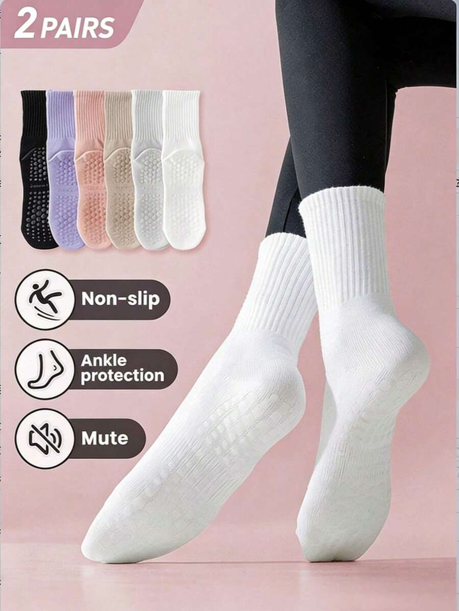 2 Pairs Women's Colorful Striped High Waist Non-Slip Rubber Sole Socks, Breathable Knit Fabric, Unisex Design Suitable For Casual, Fitness, Yoga, Pilates And Other Sports, Also Ideal As Holiday Gifts - White - View 1