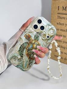 Fashionable Retro Oil Painting Sea Turtle Pattern Marine Animal Element Thick Anti-Drop Phone Protective Case, Paired With Asymmetrical White Faux Pearl Lanyard, Suitable Compatible With Iphone11 12 13 14 11Promax 12Promax 13Promax 14Promax XR 15 15PRO 15PROMAX, GalaxyA05/A15/A25/A35/A53/A54/A55/S23/S24/S25 - Multicolor - View 2
