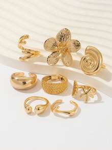 8件套复古光滑海洋花朵关节戒指，海星和贝壳开口戒指，波西米亚风格优雅女士戒指，适合派对、度假、日常佩戴，是送给朋友和家人的绝佳礼物 - 金色 - 查看 5