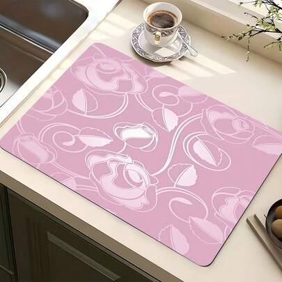 1pc Super Absorbent Quick Dry Non-Slip Kitchen Mat - Countertop Dish Drying Pad, Pink Rose Shadow Pattern, Non-Slip Base, Suitable For Coffee Bar, Dining Table - Easy Clean Surface And Fast Drying Design, Fits Modern Or Traditional Kitchen, Coffee Bar Accessories, Stylish Home Decor