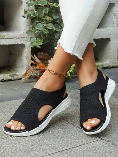 Sandal dệt kim nhuộm màu pastel cho nữ, sandal đế xuồng hở mũi, giày dép mùa hè thoải mái dành cho nữ.