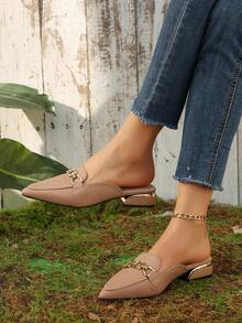 Khaki Lizard Grain Pointed Toe Flat Mule Shoes With Metal Buckle, Elegant Slip-On Loafers For Spring/Summer, Fashionable Lacquered Leather Women Flat Shoes Without Heel - Khaki - View 3