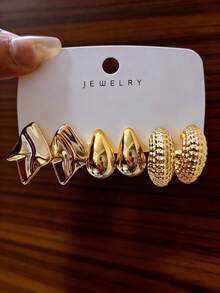 4-16件套女士时尚奢华金色耳环套装，包含永生花、蝴蝶结、夸张扇形、几何图案等款式，适合日常佩戴、送礼、节日、派对等场合。 - 金色 - 查看 10