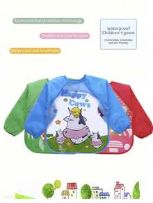 1件儿童防水围兜，带袖，男女通用，防污喂食围裙，可爱宝宝自主进食礼物，双面可用 - 彩色 - 查看 3