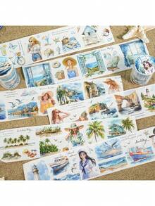 1卷2米沙滩主题和纸胶带，复古创意美学贴纸，DIY装饰拼贴工艺用品，节日礼物，个性化剪贴簿学校文具（6种随机款式） - 嶼你同行 - 查看 2