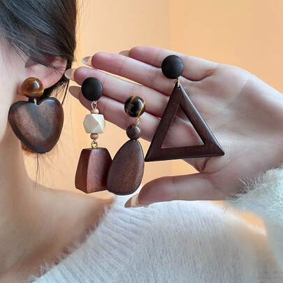 1对复古木质几何耳环，小众设计，虎眼石心形和三角形耳环