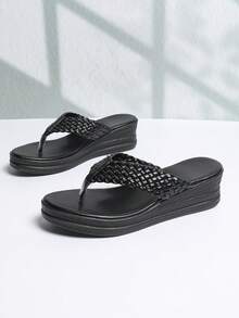 Women's Summer Woven Strap Toe-Clip Wedge Sandals, Thick Sole Height-Increasing Lightweight Casual Wear For Vacation And Commute - Black - View 9