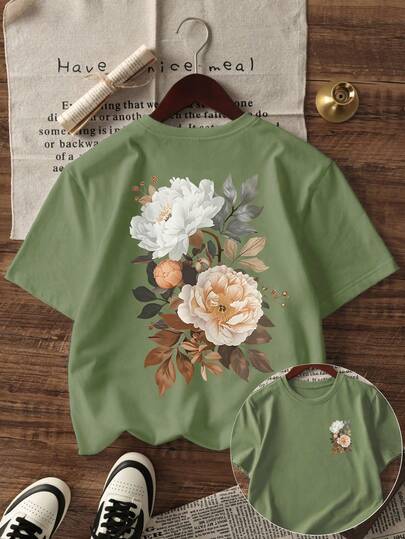 Camiseta de manga corta con cuello redondo, estampado minimalista de pintura oriental y floral, para hombre