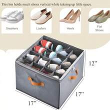 Paquete de 2 organizadores de zapatos para clóset caja de almacenamiento plegable con divisores ajustables capacidad para 32 pares tablero Oxford y polipropileno cubeta gris apilable - Gris - Ver 3