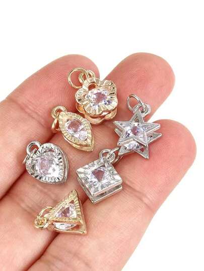 ランダムアソート 10個 合金製 ラインストーン ハート&スター クリスタルビーズペンダント、ゴールド&シルバートーン、ネックレス、ブレスレット、装飾用DIYに最適、ジュエリー愛好家向け