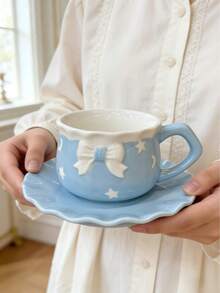 1pc 350ml Cute Blue Ceramic Cup Saucer Set With 3D Bow, Star Moon Embossment For Coffee Tea - Multicolor - View 2