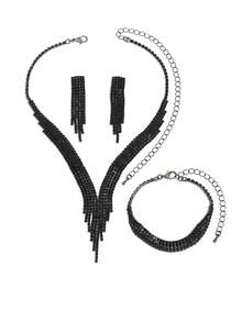 Bộ trang sức 4 món dành cho nữ gồm dây chuyền, bông tai và vòng tay, thích hợp làm quà tặng Ngày của Mẹ, dự tiệc, cô dâu, Lễ Tạ ơn và Ngày Valentine. - màu đen - Xem 5