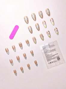 24Pcs/Set Almond-Shaped French Elegant 3D Ocean Style Starfish Waterdrop Flower Decor Full Coverage Press-On Nails With 1Pc Jelly Gel And 1Pc Nail File, Perfect For Romantic Daily Date Looks Nail Supplies Nails - 多色 2 - 查看 3