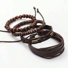 4pcs/Set Retro Fashion Multi-Layer Wooden Bead Men's Bracelet - Coffee - View 3