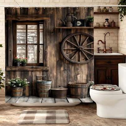 Rustic Wooden Window Buckets Shower Curtain Cozy Bathroom Decor, Farmhouse Bathroom Set With Shower Curtain, Waterproof Bathroom Curtain, Warm Bathroom Decor, Bathroom Set Including Shower Curtain, Brown Neutral Bathroom Curtain, Inviting Bathroom Partition Curtain, Country Themed Bathroom Decor, Durable Fabric Bath Curtain, Comforting Bathroom Set For Home
