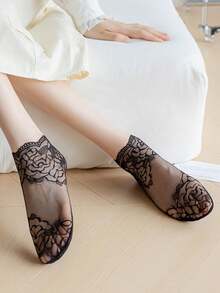 1/5双/包 洛丽塔风格女士隐形蕾丝袜 薄款女士蕾丝船袜 镂空防滑浅口透明春夏女袜 - 彩色 - 查看 4