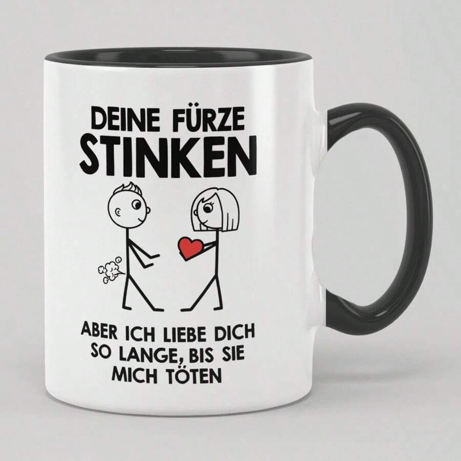 趣味德语短语马克杯 - “放屁真臭”（Die Furz Stinken），卡通人物设计，325毫升陶瓷咖啡杯，送给亲朋好友的趣味礼物，仅限手洗 - 白色 - 查看 1