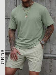 Conjunto casual de camiseta de manga corta de cuello redondo y pantalones cortos con cordón para hombre GRDR - Verde - Ver 1