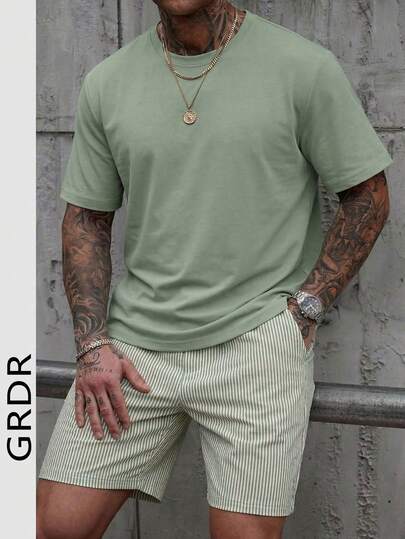  Conjunto casual de camiseta de manga corta de cuello redondo y pantalones cortos con cordón para hombre GRDR