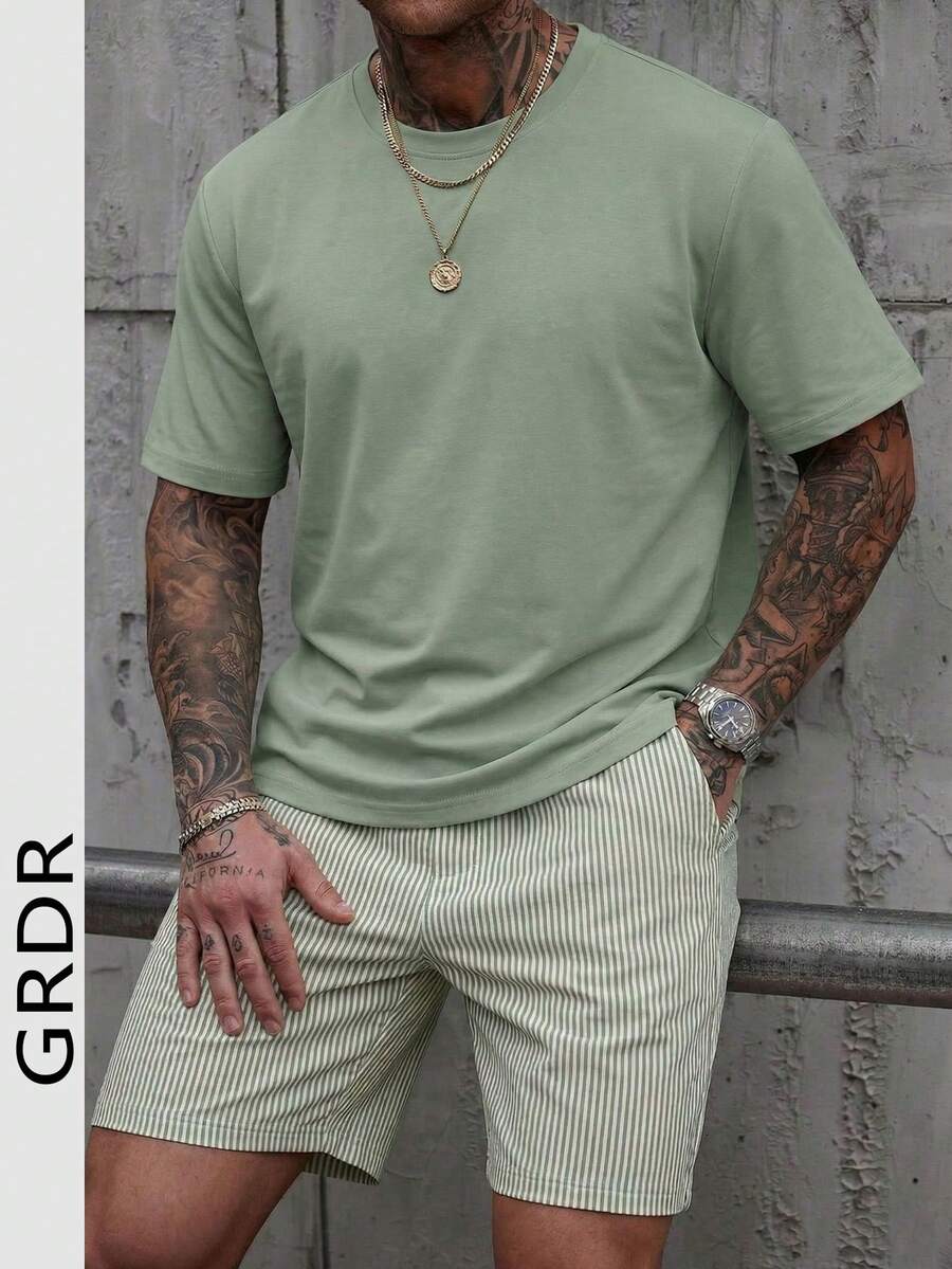 Conjunto casual de camiseta de manga corta de cuello redondo y pantalones cortos con cordón para hombre GRDR - Verde - Ver 1