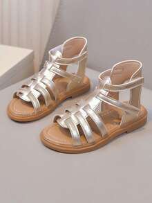 1 Pair Girls Fashion New High-Top Flat Princess Roman Sandals, Non-Slip Infant Casual Sandals, Versatile Children Beach Shoes, Suitable For Summer - Gold - View 5