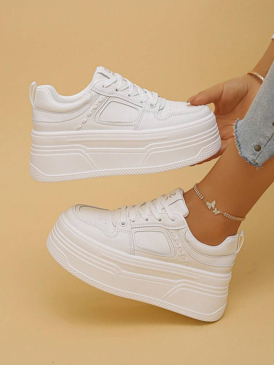 Sepatu Sneakers Wanita Sol Tebal dengan Pola Geometris, Gaya Olahraga Kasual Bertali, Cocok untuk Semua Musim, Sepatu Olahraga Wanita - Putih - View 1