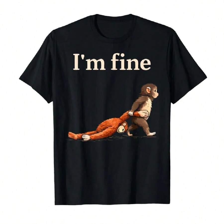 Sad Monkey Punch Meme With An Orange Toy I'm Fine T-Shirt For Men Women 100% Cotton T Shirts Short Sleeve Tops P810 - 黑色 - 查看 1