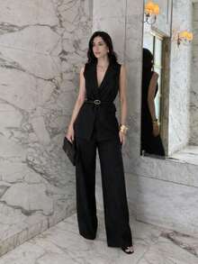 Women's Elegant Pinstripe Tailored Suit With Vest, Belt, And Wide-Leg Trousers - Autumn 2026 - 黑色 - 查看 1