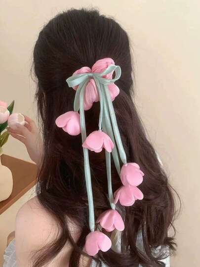 1pc Elegant Korean Style Tulip Flower Tassel Hair Scrunchie, Satin Soft Hair Tie, 2026 New Hair Accessory