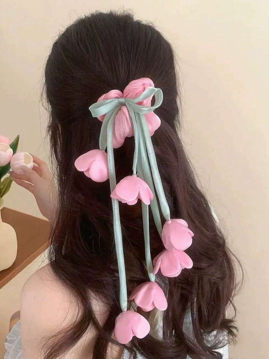 1 pieza Scrunchie de pelo con borlas y flores dulces, Lazo de pelo de satén con camelias rosa/azul/morado/rojo/amarillo, Nuevo accesorio de pelo elástico 2026 - Multicolor - Ver 1