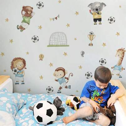BRUP 1/3sheets/Set Watercolor Animal Soccer Wall Decals - Removable Peel And Stick Kids Room Decor,Suitable For Nursery And Bedrooms, Sports-Themed Wall Art