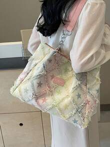 Large Capacity Star Patterned Tote Bag, Fashionable Fur Edge Casual Letter Color Blocked Shoulder Bag, Niche Design Diamond Shaped Personalized Armpit Bag, Suitable For Shopping, Daily Outings, Vacations, And Work - Multicolor - View 4