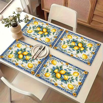 2pcs Lemon Pattern Placemats, Suitable For Home Party Decoration, Linen Dining Mats, Breakfast Mats, Kitchen Accessories, Coasters, Pot Holders, Bowl Pads, Easy To Clean Placemats, Suitable For Home, Dining Room, Restaurant Decor, 2/4/6/8 Set Combination