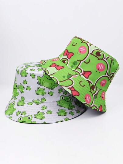 1顶可爱卡通青蛙印花双面涤纶防晒渔夫帽，轻便透气，青蛙蝴蝶结设计，适合女性、男性和青少年在海滩、旅行和户外活动时佩戴。