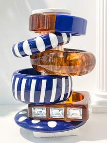 1 chiếc vòng tay nhựa màu xanh dương kiểu retro, thiết kế sọc và chấm bi mới, trang sức unisex, phù hợp cho mọi mùa, bề mặt bóng, màu sắc tươi sáng. - Nhiều màu - Xem 2