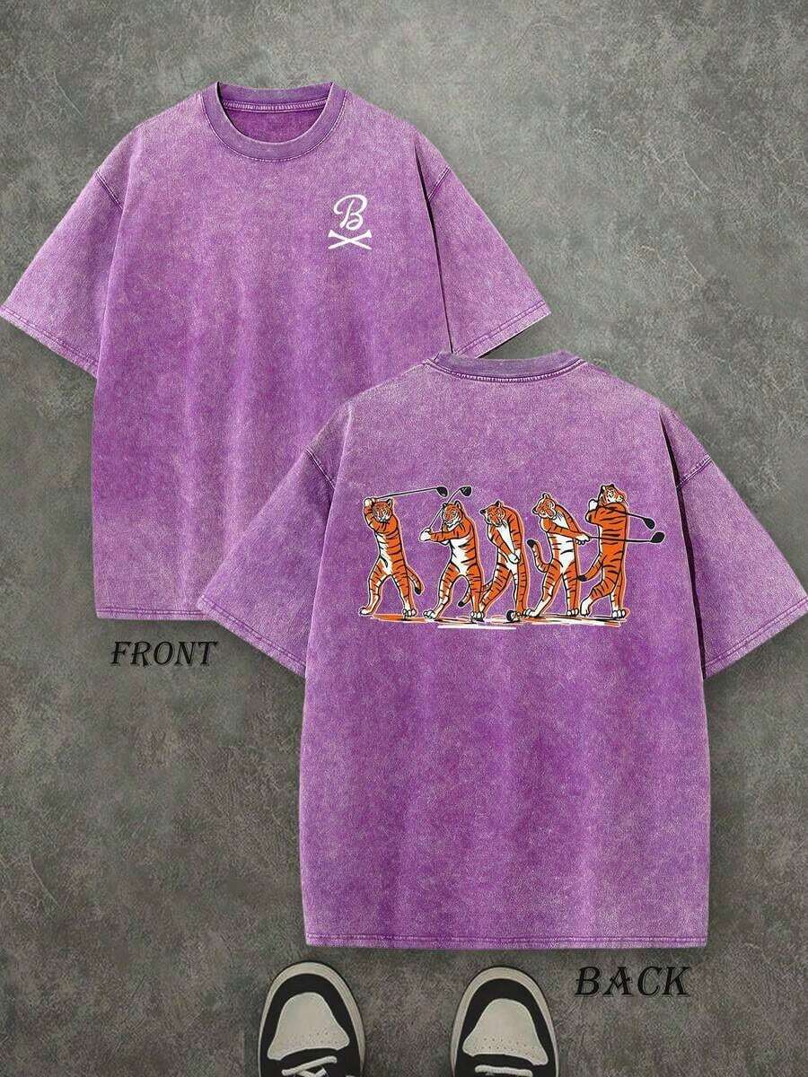 Retro Washed T-Shirt Double Sided Printed (230 Pure Cotton T-Shirt) 'Barstool Golf Tiger Swing' Tiger Swing Graphic Print, GOLF Gifts, Men's T Shirt, Men's Casual, Comfortable, Fashionable T Shirt, Street Style Cotton - 紫丁香色 - 查看 1