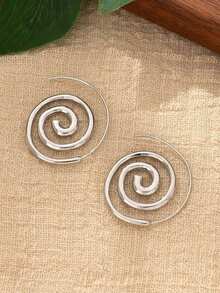 1 par de pendientes elegantes de mujer con flor y degradado de color, color plateado, con diseño circular hueco y espiral de gran tamaño, estilo único y popular - Plateado - Ver 6