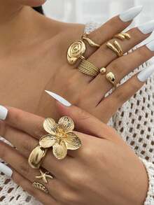 8件套复古光滑海洋花朵关节戒指，海星和贝壳开口戒指，波西米亚风格优雅女士戒指，适合派对、度假、日常佩戴，是送给朋友和家人的绝佳礼物 - 金色 - 查看 2