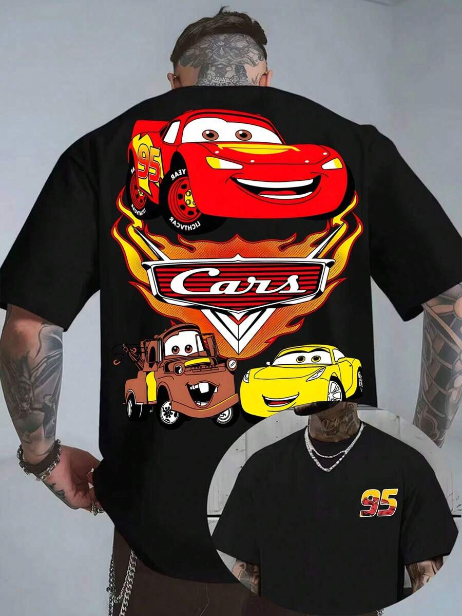 Disney Official Licensed Cars McQueen Crew Double-Sided Graphic T Shirts 100 Percent Cotton  Shirt Washed 220g Unisex - 黑色 - 查看 1
