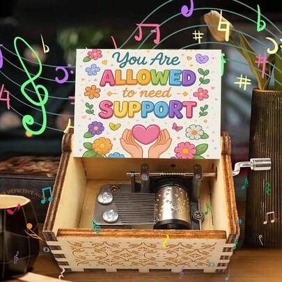 "You Are Allowed To Need Support" Hand Crank Wooden Music Box - Plays "You Are My Sunshine", No Battery Needed, Perfect Mental Health & Self-Care Gift For Friends & Home Decor