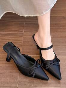 女士高跟尖头春夏新款闭趾凉鞋，咖啡棕色高跟闭趾穆勒鞋，蝴蝶结搭扣，办公室无后跟套脚高跟穆勒鞋 - 黑色 - 查看 1