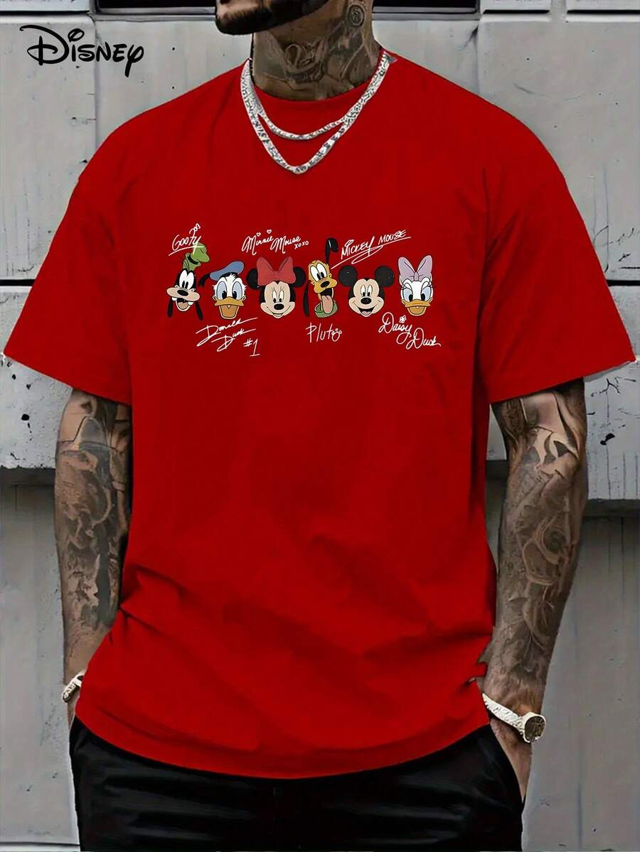 [Disney Official Genuine Authorization] Mickey Mouse And Friends Adult Signature T-Shirts Donald Duck Proto And Goofy Pattern, Short-Sleeved Round Neck Casual Summer Shirt, Machine Washable, Cartoon Design, Comfortable. - 紅色 - 查看 1